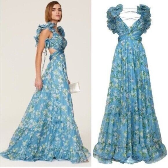 Ieena Mac Duggal Ruffle Tiered Floral Cutout Chiffon Gown 10 Blue Lace Up - Picture 9 of 9
